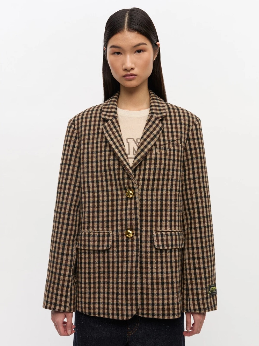 Ganni Brown and Black Checked Wool-Blend Blazer